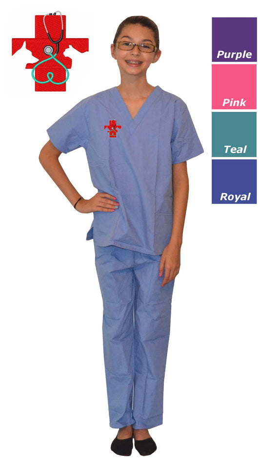 Kids Veterinarian Scrubs with Cross Dog Cat Embroidery Design, Personalized, Monogrammed, Halloween Doctor Nurse Costume