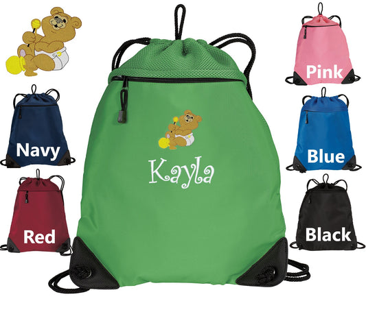 Personalized Kids Cinch Pack, Drawstring Gym School PE Pool Backpack, Embroidered Bear, with Custom Name, Kids Gift