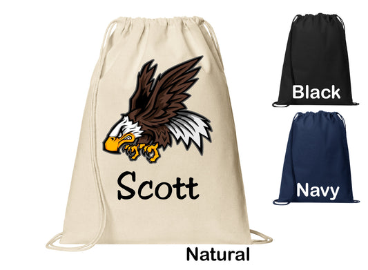 Personalized Eagle Mascot Patriotic Sports Cinch Pack, Drawstring Gym School PE Pool Backpack, Printed Monogrammed Custom Name, Perfect Gift