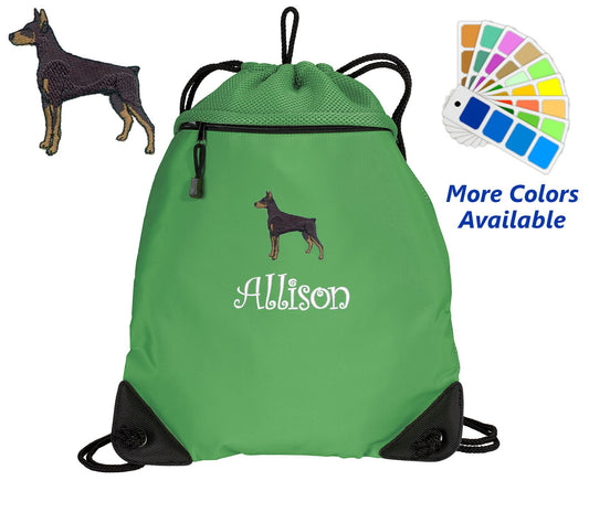 Personalized Cinch Pack, Drawstring Gym School PE, Pool Backpack, Embroidered Doberman Dog, Monogrammed Custom Name, Perfect Student Gift