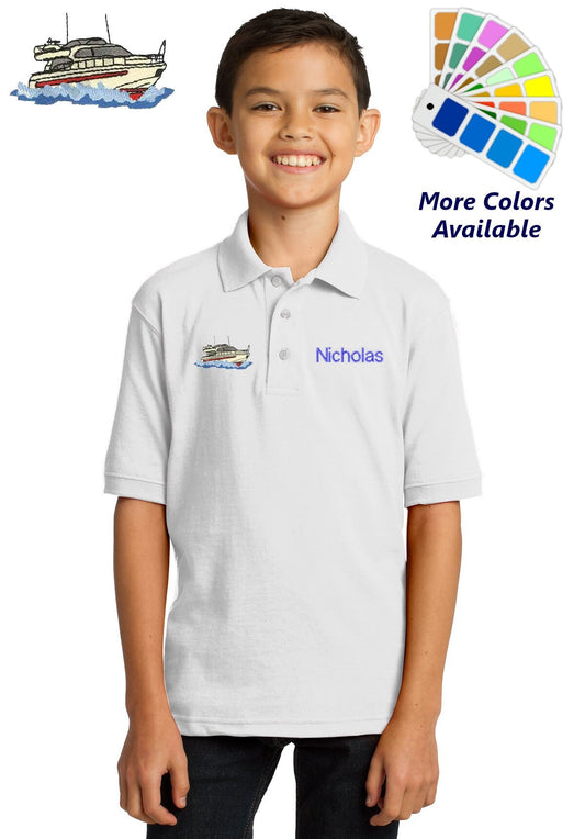 Personalized Kids Polo Shirt Embroidered Motor Yacht Boat Monogrammed with a Name or Text of Your Choice