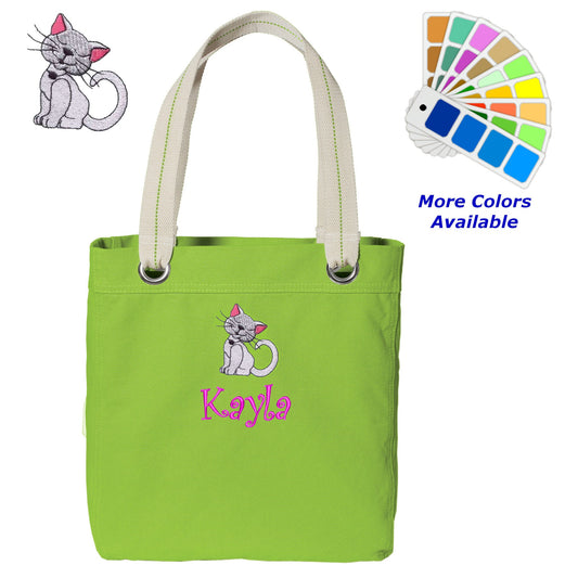 Personalized Canvas Tote Bag Kitty Cat Design Contrast Lined with Metal Grommets Embroidered with Name or Text of Your Choice