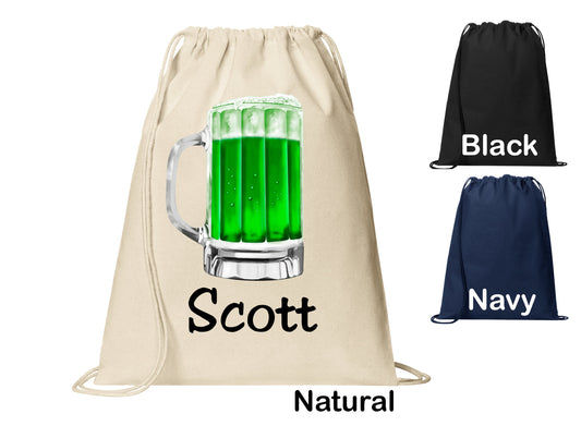 Personalized Green Beer Mug St Patrick's Day Cinch Pack, Drawstring Gym School Pool Backpack, Printed Monogrammed Custom Name, Perfect Gift