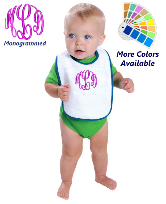 Monogrammed Baby Bib White Cotton Terry with Contrast Trim for Boy or Girl Name Initials