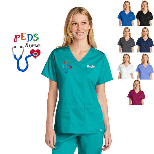 Personalized Womens Pediatrics Peds Nurse Scrubs Top with Custom Embroidered Name, Doctor, Veterinarian, Hospital, Shirt, Medical Apparel
