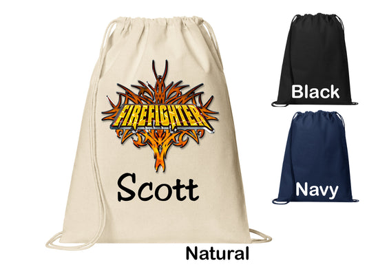 Personalized Firefighter Tribal Design Cinch Pack, Drawstring Gym School Pool Backpack, Printed Monogrammed Custom Name, Perfect Gift