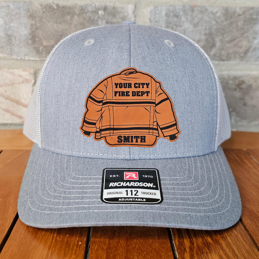 Personalized Firefighter Leather Patch Trucker Hat with Name, Richardson 112, Fireman Hat, Husband Gift, Station Gift, Laser Engraved