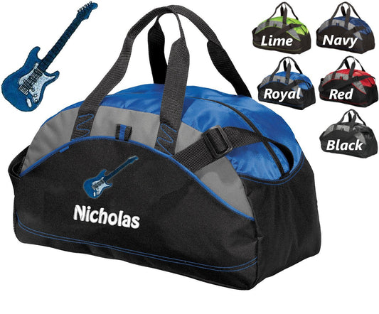 Personalized Kids Duffel Bag, Electric Guitar Design, Gym Bag, School Band, Contrast Stitching, Embroidered Name, Music Gift, Student Gift