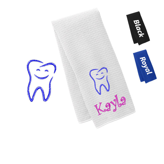 Personalized Dentist Towel with Happy Tooth Design, Gym, Workout Fitness Towel, Waffle Microfiber, Embroidered Name Monogrammed Dentist Gift