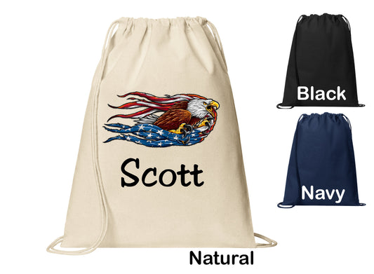 Personalized Eagle Flag Patriotic Grip Cinch Pack, Drawstring Gym School PE Pool Backpack, Printed Monogrammed Custom Name, Perfect Gift