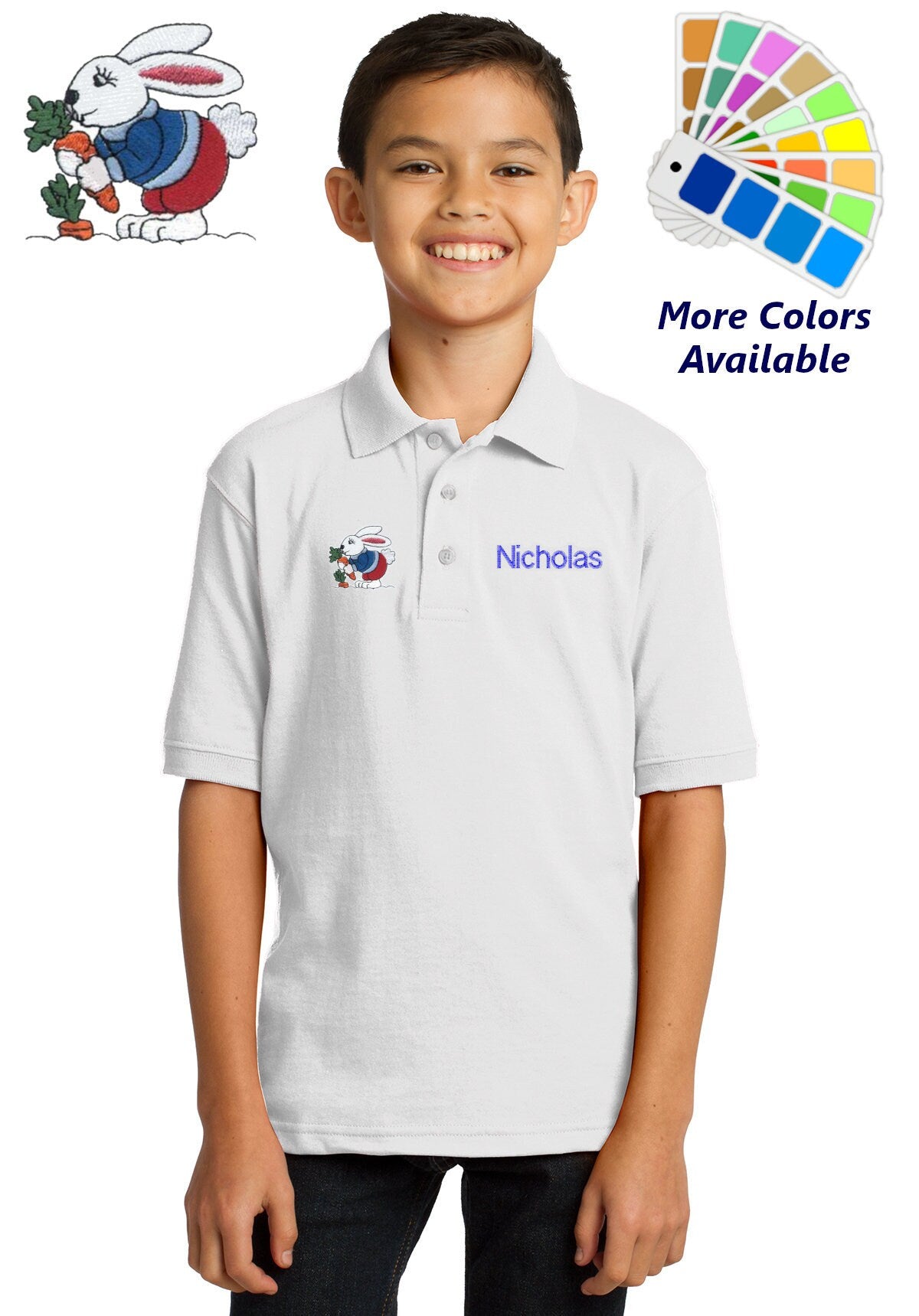 Personalized Kids Polo Shirt Embroidered Peter Cottontail Bunny Rabbit Monogrammed with a Name or Text of Your Choice