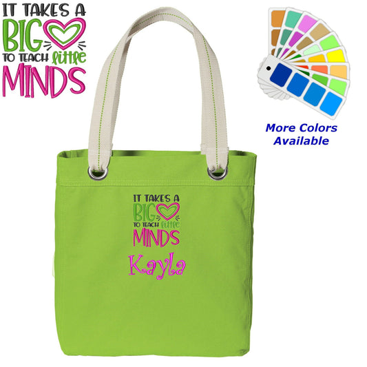 Personalized Canvas Teacher Tote Bag Design Contrast Lined with Metal Grommets Embroidered with Name or Text of Your Choice