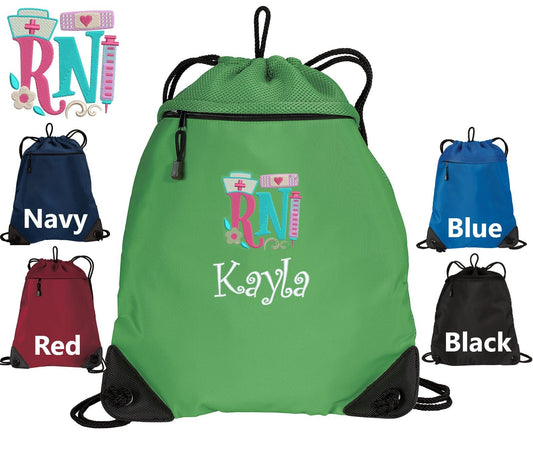 Personalized RN Nurse Cinch Pack, Drawstring Gym School PE, Pool Backpack, Embroidered RN Hat, Custom Name, Nurse Gift