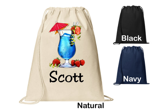 Personalized Blue Tropical Drink Cinch Pack, Drawstring Gym School PE Pool Backpack, Printed Monogrammed Custom Name, Perfect Gift