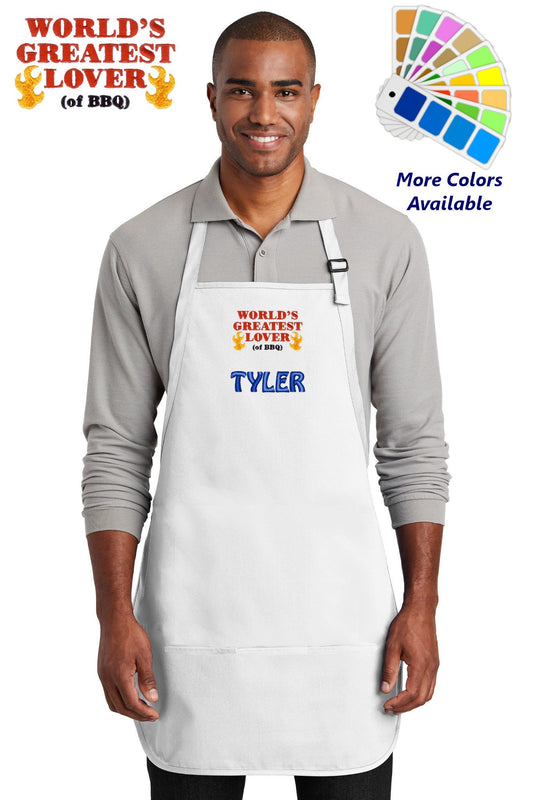 Personalized Bar B Que Apron Embroidered Worlds Greatest Lover of BBQ Design Dad Gift