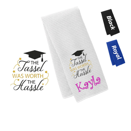 Personalized Graduation Towel with Tassel Cap Design, Gym, Workout Fitness Towel, Waffle Microfiber, Embroidered Name Monogrammed Gift