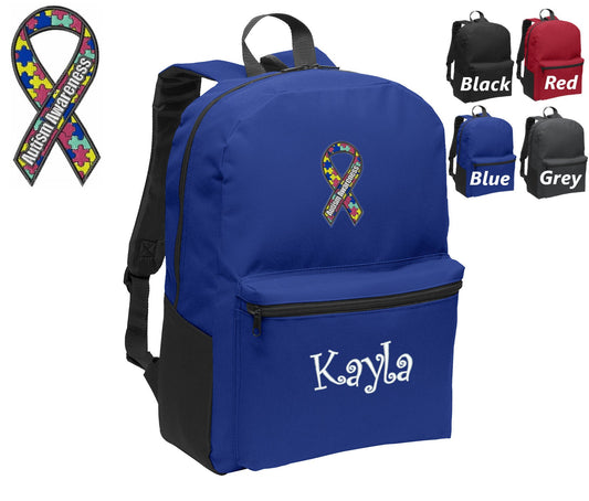 Personalized Kids Backpack Embroidered Autism Awareness Ribbon Monogrammed with Name of Your Choice Perfect Kids School Gift