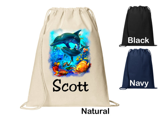 Personalized Dolphins Sea Life Cinch Pack, Drawstring Gym School PE Pool Backpack, Printed Monogrammed Custom Name, Perfect Gift