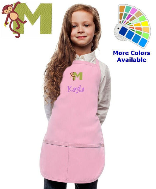 Personalized Kids Apron with Animal Alphabet Letter M Monkey Embroidery Design, Monogrammed Art Smock, Childrens Apron, Cooking Gift