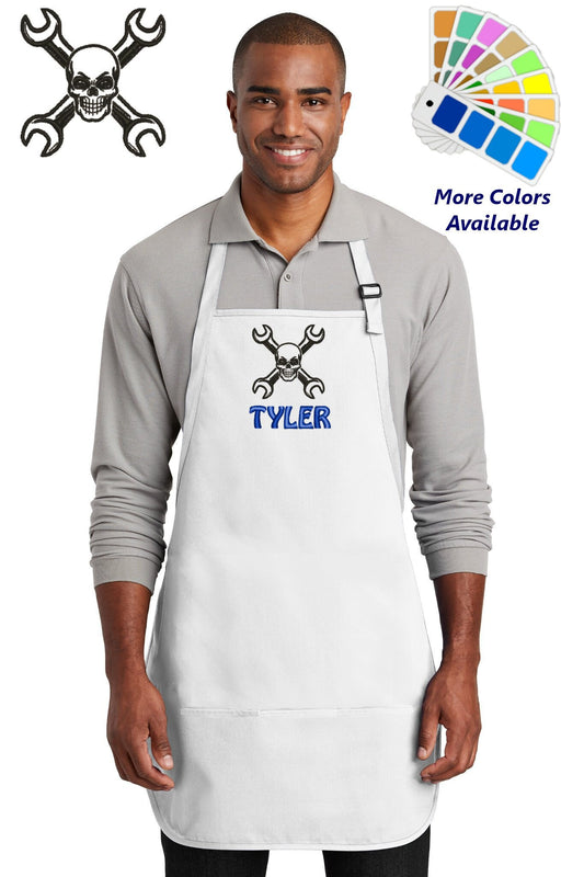 Personalized Mechanics Apron Embroidered Skull and Wrenches Design Dad Car Guy Gift