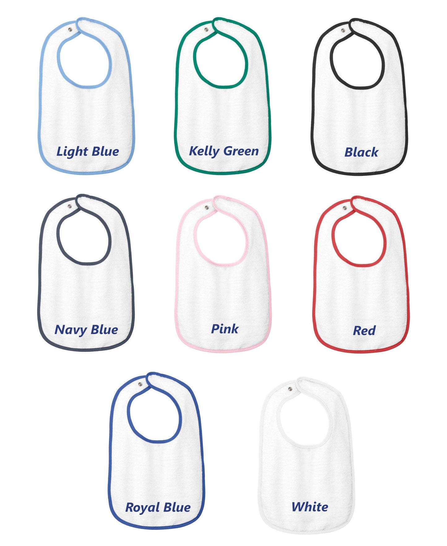 Personalized Baby Bib White Cotton Terry with Contrast Trim Baby Kitten Design for Boy or Girl Embroidered Name