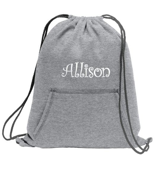 Personalized Grey Cinch Pack, Fleece, Drawstring Gym School PE Pool Backpack, Embroidered Monogrammed Custom Name, School Gift