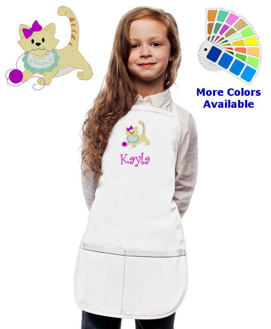 Personalized Kids Apron with Kitty Cat Embroidery Design, Monogrammed Birthday Gift, Kids Chef Apron, Kids Cook Apron, Custom Apron
