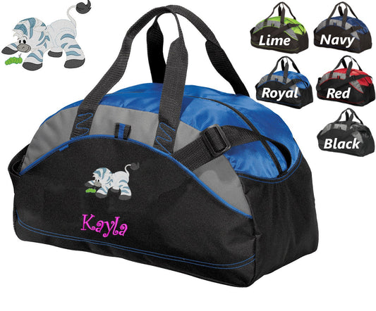 Personalized Kids Duffel Bag Gym Bag School PE Contrast Piping and Stitching Embroidered with Zebra and Name or Text of Your Choice