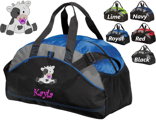 Personalized Kids Duffel Bag Gym School PE Contrast Piping and Stitching Embroidered with Cow and Name or Text of Your Choice
