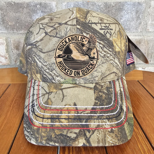 Camo Duck Hunter Leather Patch Trucker Hat, Duckaholic Hooked on Quack Camo, Hunter Hat, Funny Dad Gift, Gift, Laser Engraved