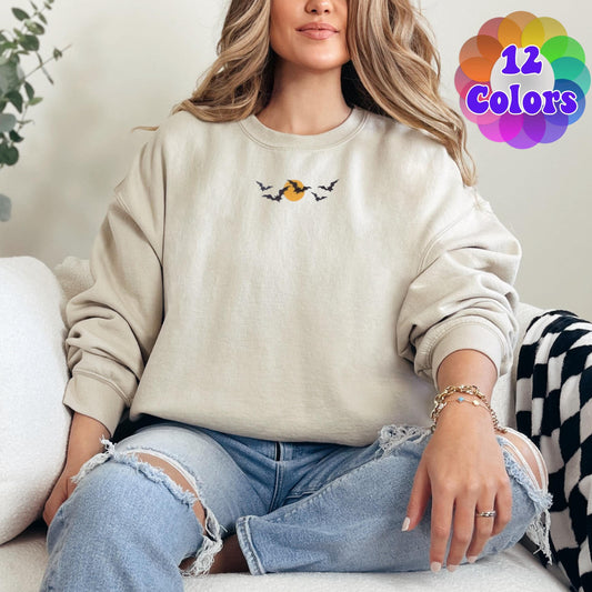Embroidered Halloween Bats Sweatshirt, Retro Moon Bats Design and Name, Cute Fall Sweatshirt, Mom Gift, Gift, Womens Unisex