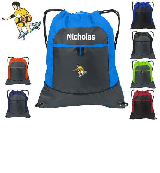Personalized Kids Cinch Pack Drawstring, Skateboard Design, Gym School PE Pool Backpack Embroidered Monogrammed Custom Name School Gift