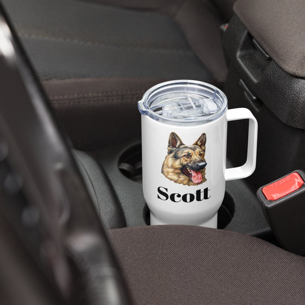 Custom German Shepherd Dog Travel Mug Tumbler with Handle, Stainless Steel BPA-free plastic Cup, 25 Ounce Mug, Dad Mom Dog Lover Gift