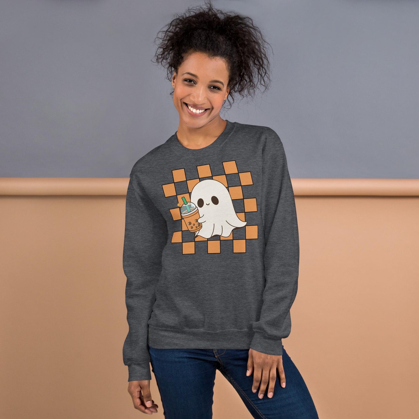 Halloween Ghost Sweatshirt, Cute Ghost Checker Coffee Sweats, Womens Halloween Sweatshirt, Cute Retro Fall Sweats, Spooky Season, Fall Gift