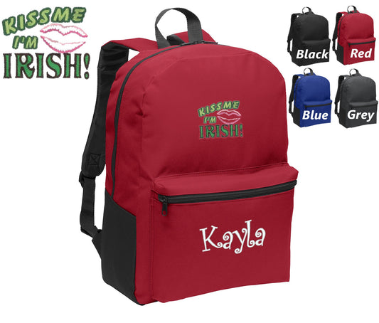 Personalized Kids Backpack Embroidered Kiss Me I'm Irish Monogrammed with Name of Your Choice Perfect Kids School Gift