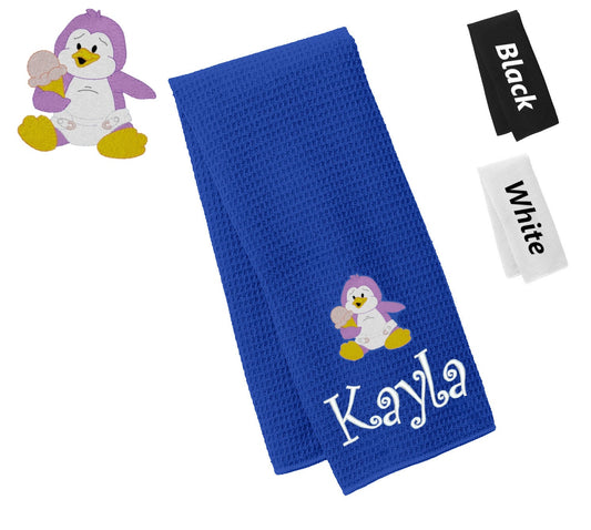 Personalized Towel Penguin Design, Kitchen Towel, Hand Towel, Bathroom Towel, Waffle Microfiber, Embroidered Name, Kids Gift, Mom Gift