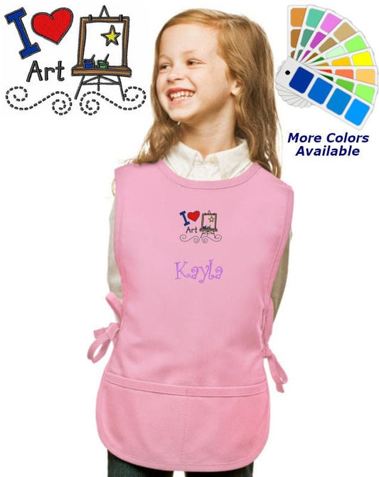 Personalized Kids Art Smock Cobbler Apron with I Love Art Embroidery Design, School Art Smock, Student Gift, Art Class Smock