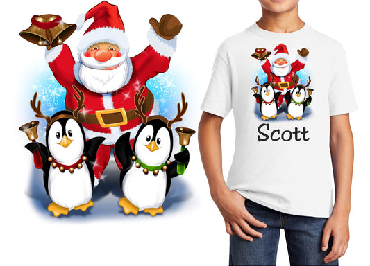 Personalized Kids T-Shirt Santa Claus Penguin Dance Christmas Design, T-Shirt, Colorful, Cotton, Low Price Inexpensive Tee Shirt, Student