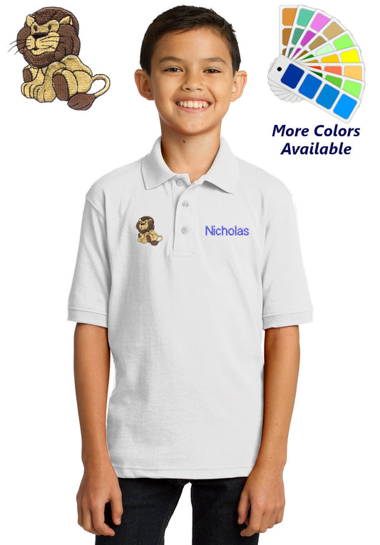 Personalized Kids Polo Shirt Embroidered Lion Monogrammed with a Name or Text of Your Choice