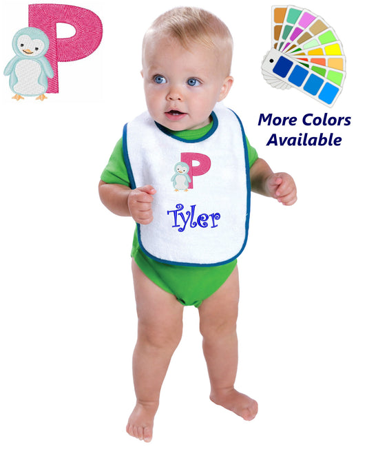 Personalized Baby Bib, White Cotton Terry with Contrast Trim, Letter P, Alphabet, Penguin Design, for Boy or Girl, Embroidered Name