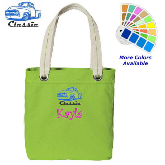 Personalized Canvas Tote Bag Classic Pickup Truck Design Contrast Lined with Metal Grommets Embroidered with Name or Text of Your Choice