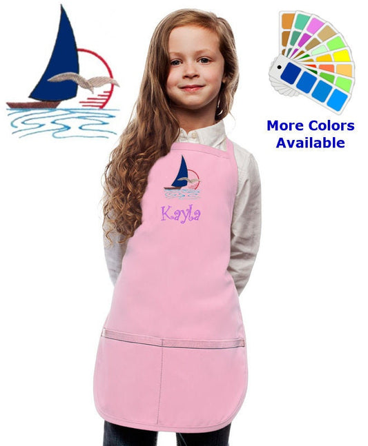 Personalized Kids Apron with Sailboat Sun Seagull , Custom Name, Monogrammed, Art Gift, Chef, Cooking Party, Art Party, School Aprons