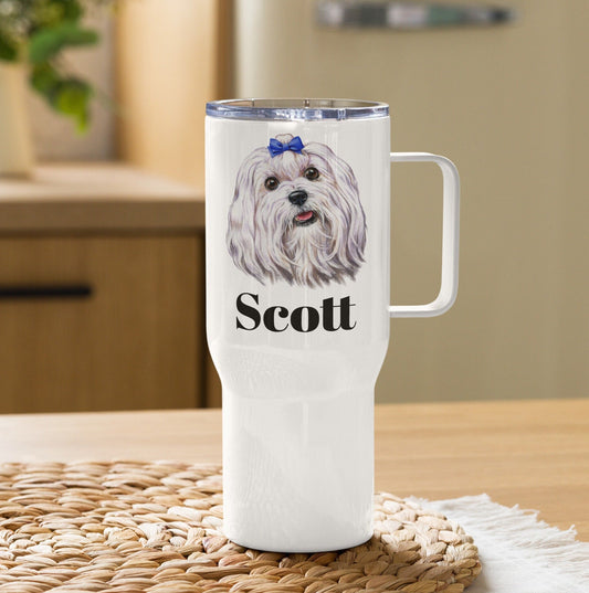 Custom Maltese Dog Travel Mug Tumbler with Handle, Stainless Steel BPA-free Cup, 25 Ounce Mug, Dad Mom Dog Lover Gift