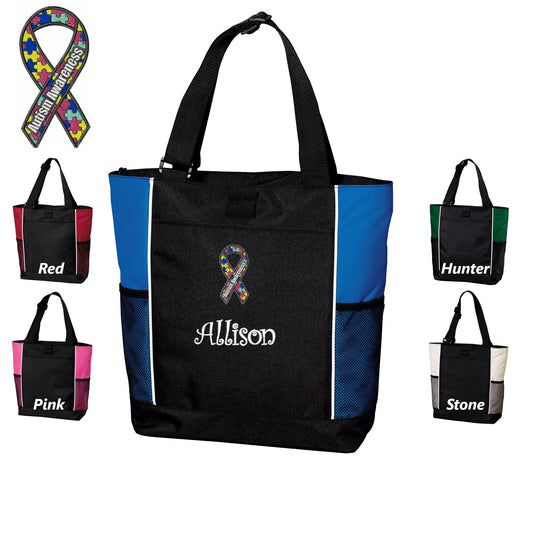 Personalized Canvas Autism Tote Bag, Autism Awareness Ribbon Embroidery Design, Custom Tote Bag, Custom Name, Dad Gift, Mom Gift