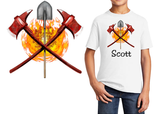 Personalized Kids T-Shirt Firefighter Axe Shovel Design, T-Shirt, Colorful, Cotton, Low Price Inexpensive Tee Shirt, Student School Gift