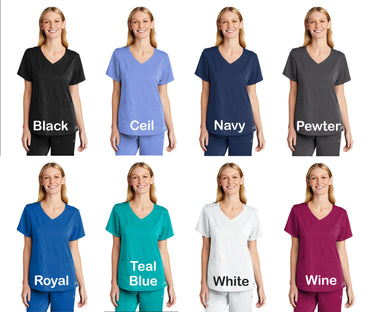 Personalized Womens Scrubs Set with Custom Embroidered Text or Name, Mock Wrap, Doctor, Nurse, Veterinarian, Hospital Shirt, Medical Apparel
