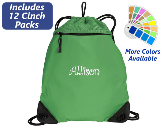 12 Personalized Cinch Packs, Drawstring Gym School PE, Pool Backpack, Embroidered Monogrammed with Custom Name, Perfect Student Gift