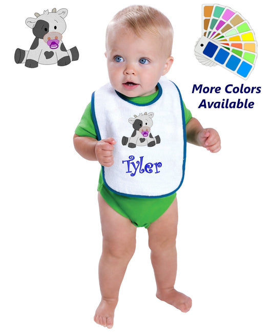 Personalized Baby Bib White Cotton Terry with Contrast Trim Baby Cow Design for Boy or Girl Embroidered Name