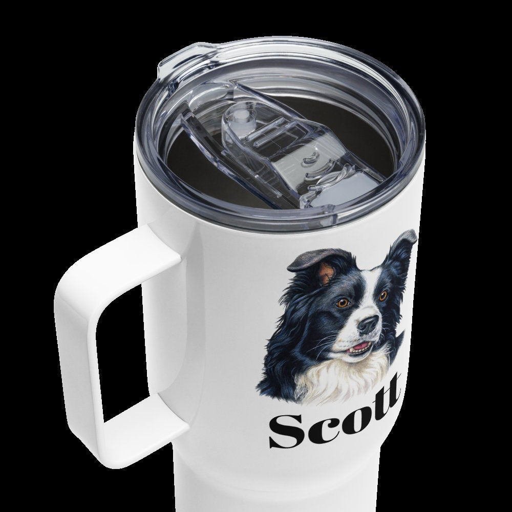Custom Border Collie Dog Travel Mug Tumbler with Handle, Stainless Steel BPA-free plastic Cup, 25 Ounce Mug, Dad Dog Lover Gift