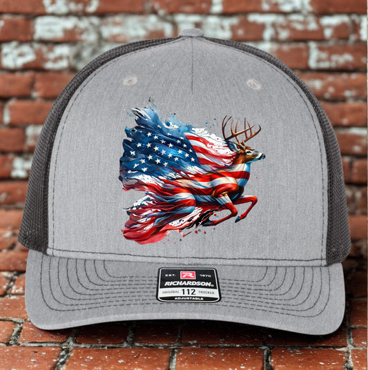 Deer Hunter Trucker Hat, Buck American Flag Hat Design, Richardson 112, Deer Hunter Dad Gift Husband Gift, Sportsman Gift, Printed Hat